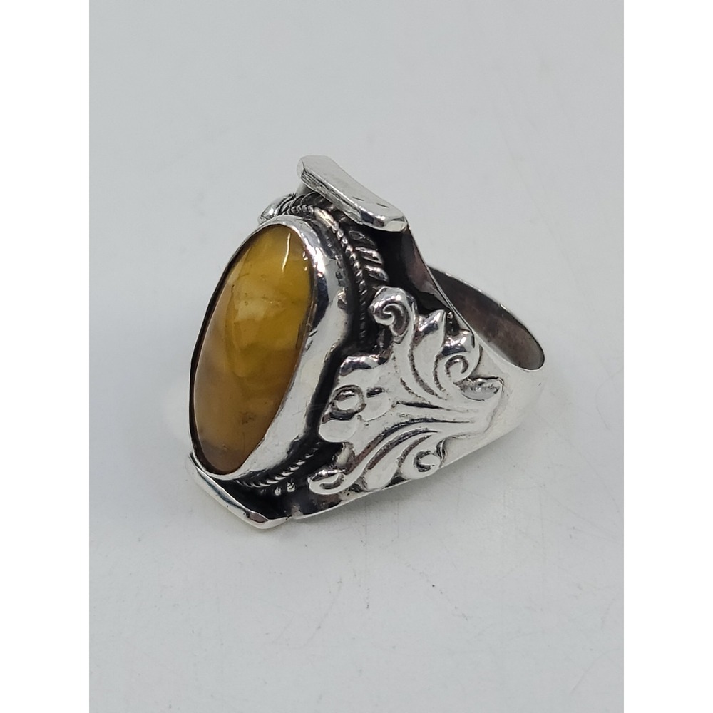 Vintage Sterling Silver Egg Yolk Butterscotch Amber Ring Size 9 Estate - Picture 2 of 6